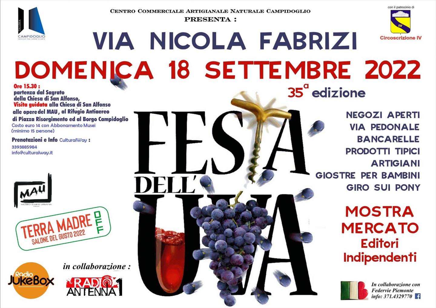 Domenica 18 settembre 2022 dalle 9 alle 20 si svolgerà la 35sima edizione della Festa dell'Uva in via Nicola Fabrizi - Torino 
